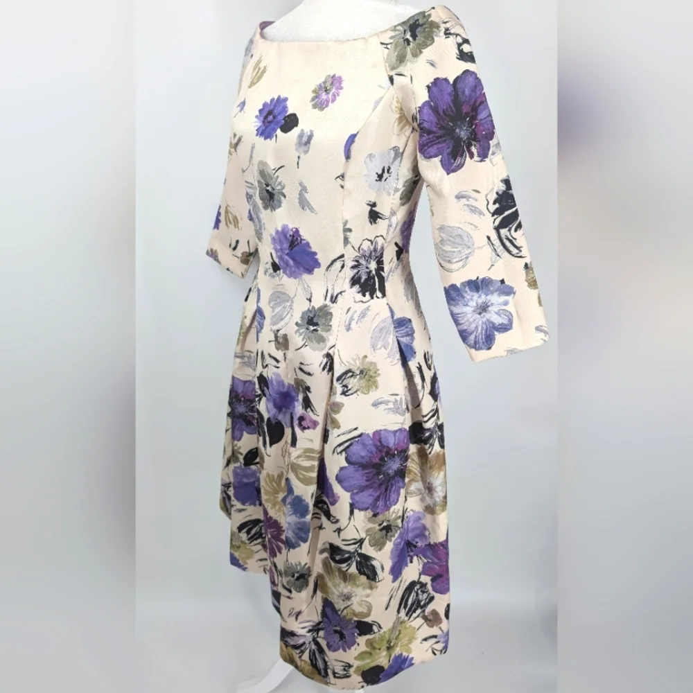 Alex Marie Purple Cream Green Floral Pleated Satin Knee Length Cocktail Dress 2
